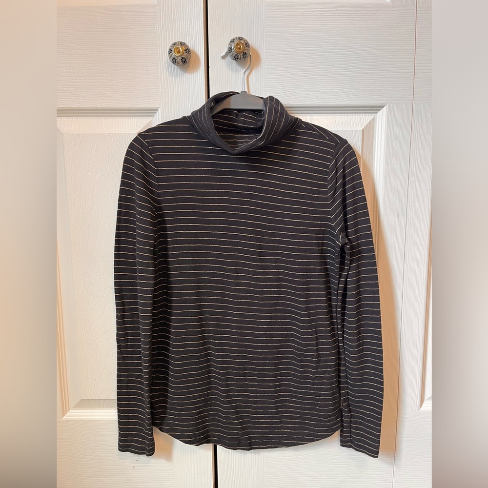 LOFT Turtleneck Black with Gold Stripes Size Small Cotton Long Sleeved Shirt